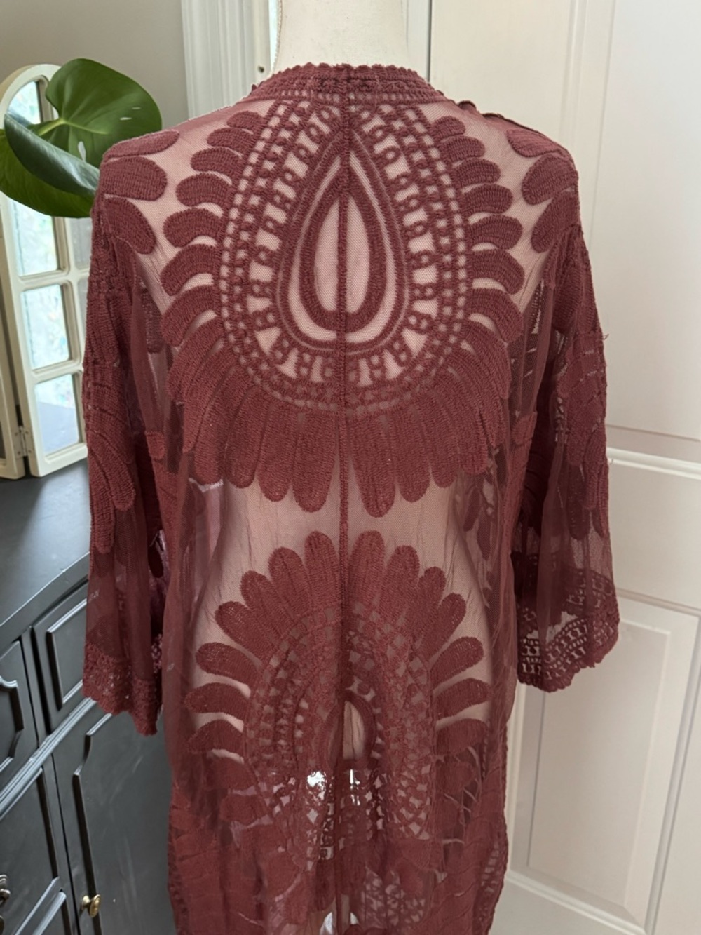 Boho Crochet Sheer Kimono Duster in Dusty Rose Size M/L - Picture 2 of 7